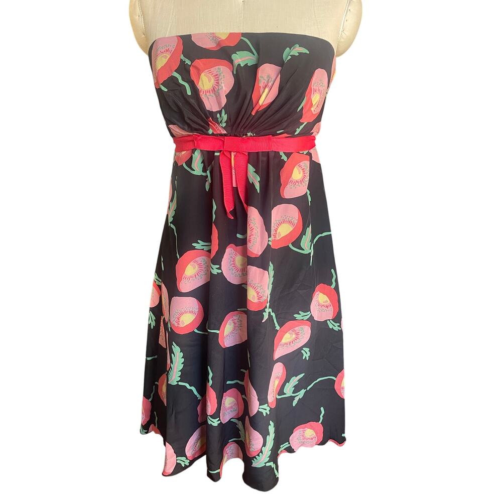 ANNA SUI for Anthropologie Strapless Floral Silk Dress Size 6 y2k